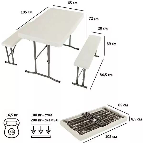 Складной комплект для дачи стол + 2 скамейки из пластика