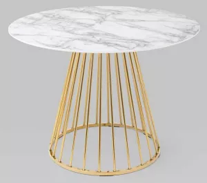 Круглый обеденный стол с золотым подстольем белый мрамор 110 см